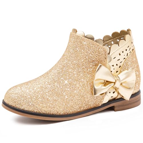 Image of Dufannie Girls Ankle Boots Girls Booties Toddler Little Big Kids Fall Boot | Side Zipper, Slip on, Low Heel, Girls Dress Boots with Bow, Ruffled, Fashion, Warm Shoes, Fall, Winter, Multiple Colors