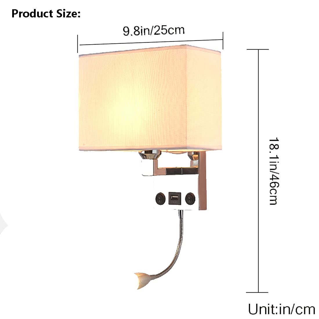 Lampada da Parete/Comodino a bilanciere con Porta di Ricarica USB, Stile Europeo, Ideale per Soggiorno, Camera da Letto, Hotel, Interni e corridoio (Paralume Bianco)