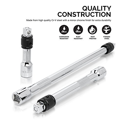 Neiko 00295A 3/8" Drive Locking Extension Bar Set, 3 Piece, 3", 6", 10", Remove Sockets And Sparkplugs, Cr-V , Silver #TOP1