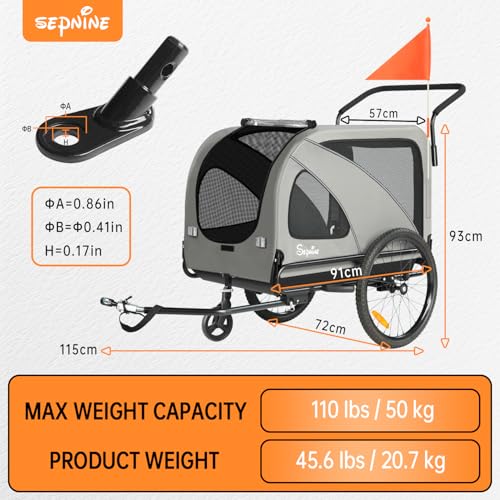 SEPNINE 2-in-1 XL Fahrradanhänger für Hunde, Hundeanhänger für Fahrrad - mit Dachöffnung, Reflektoren & Reflexstreifen, mit Schiebestange & Universal-Fahrradkupplung, Faltbar, Bis 50 kg, Grau