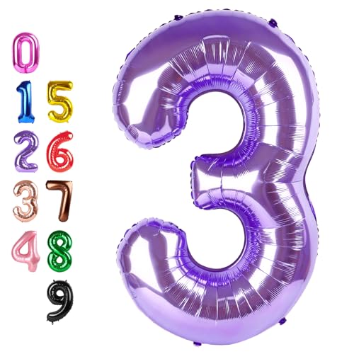 Image of Number Balloons 3 Balloon Purple for 3rd Birthday Party Decoration, 40 inch | Saturated Color, Large 40 in, With Straw & Hanging Hole, For Back-to-School Season, Wedding, Christmas, New Year, Anniversary