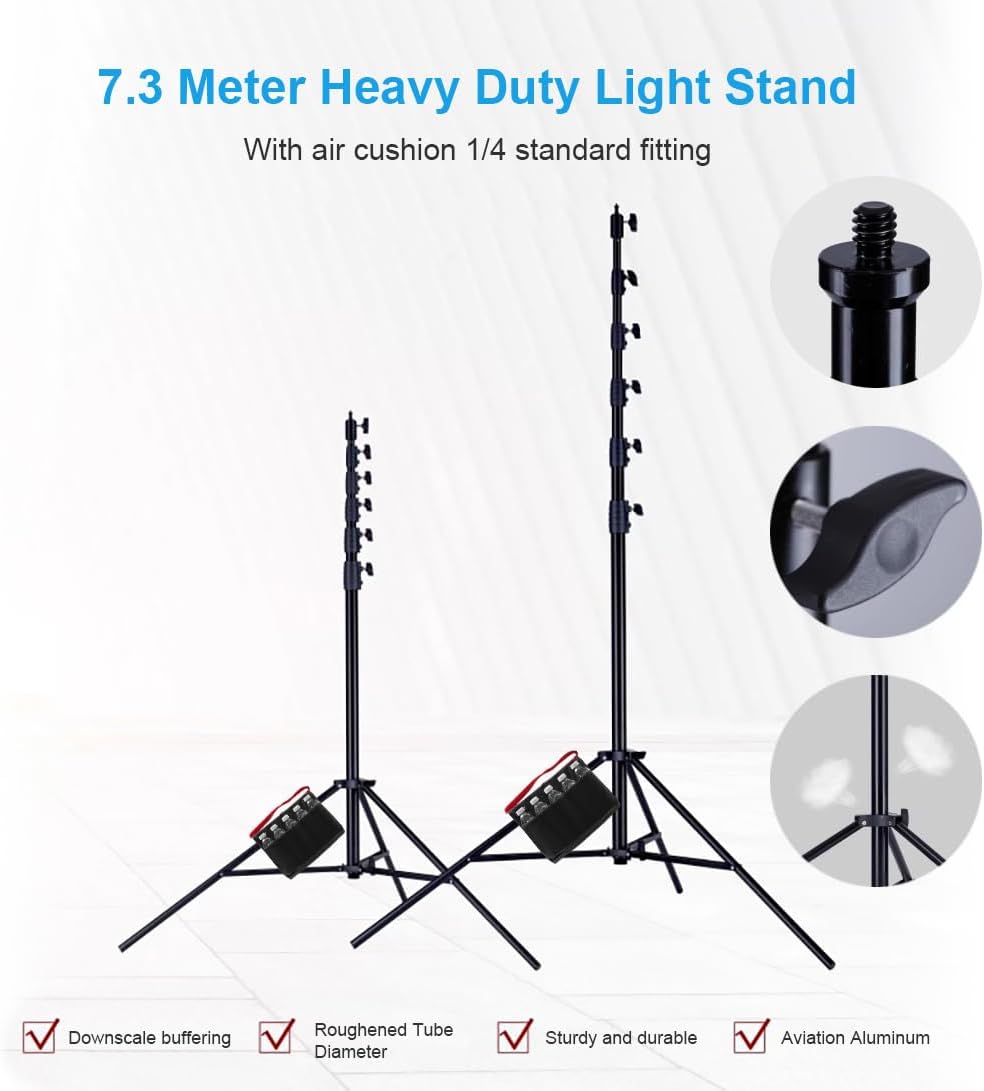 FOMITO Photography Light Stand 24ft/730cm, Air-Cushioned Heavy Duty Aluminum Photo Video Tripod Stand with 1/4" Screw for Drone Communication Base Station, and Studio Light, Max Load 22.5kg, LM-7300HA