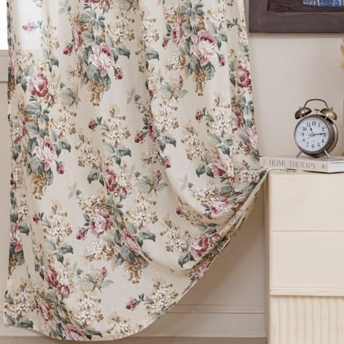 Image of Clasiko Block Print Sheer Door Curtains; 40% Light Filtering Linen Textured Curtains with Eyelets & Tieback; Set of 2; 54x84 Inches / 7 Feet; Pearl Blossom