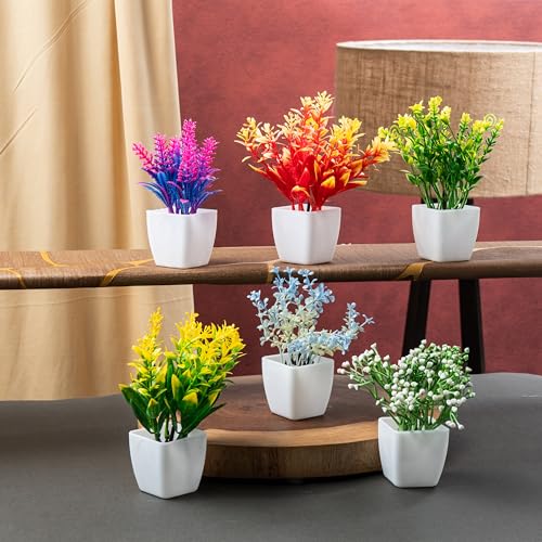 Image of JH Gallery Artificial Flowers, Small Indoor Potted Houseplants for Home Decor, Decoration Items for Living Room, Office and Bedroom, Artificial Plants with Pot (Pack of 6)