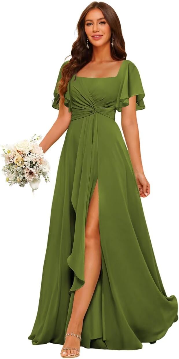 Short Sleeves Chiffon Bridesmaid Dress with Pocket Pleated Aline Formal Evening Dre...