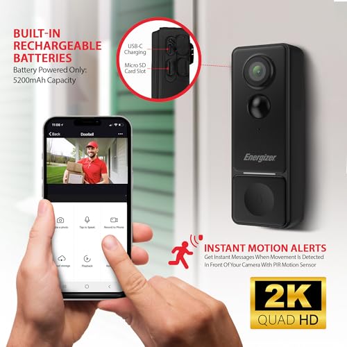 Energizer Smart 2K Doorbell & Chime, Rechargeable Battery Video Doorbell Security Camera, 2-Way Audio, Night Vision, Cloud & Card Recording, Remote Access App, Motion Sensor & Alerts, Live Viewing - image 2