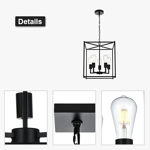 Miniatura 3 de Wanluce Lámpara colgante moderna de granja, 5 faroles negros para cocina, luces de isla cuadradas, comedor para iluminación colgante de entrada