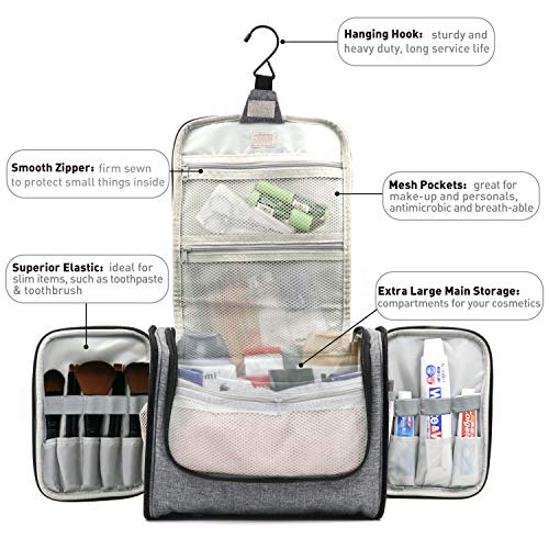 Extra Large Capacity Hanging Toiletry Bag For Men & Women, Portable Waterproof Bathroom Shower Bag, Lightweight Dopp Kit Shaving Bag, Sturdy Metal Hook Organizer Makeup Bag (Denim Gray) #TOP1