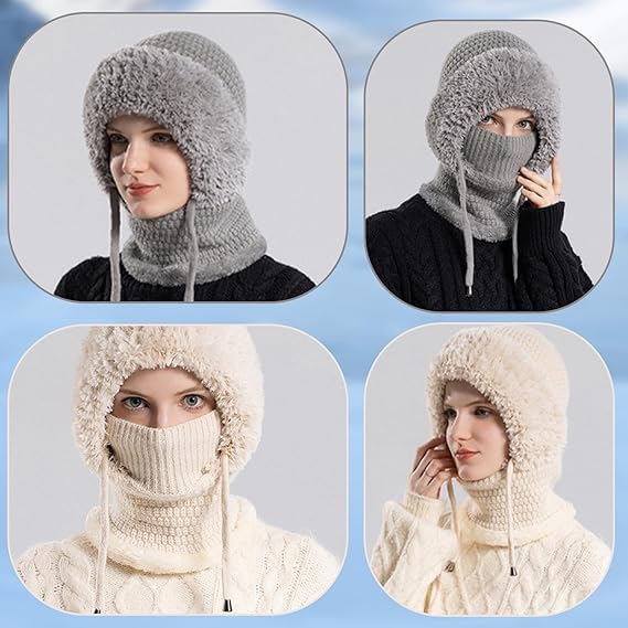 3 in 1 Beanie Hat for Women, Sherpa Hood Ski Mask, Fall Winter Warm Knitted Windproof Balaclava Scarf with Face Cover - Image 6