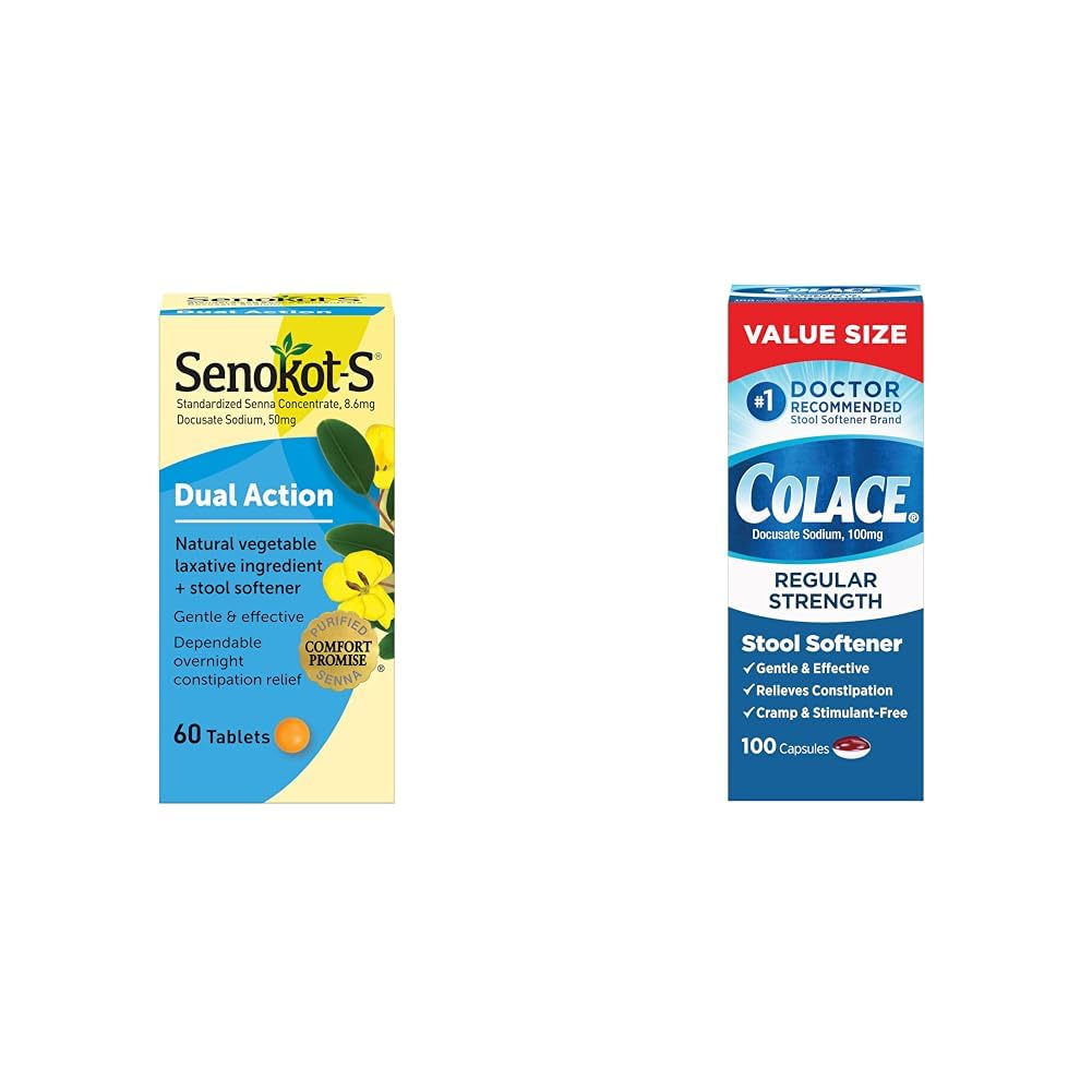 SenokotS Dual Action 60 Tablets, Natural Vegetable Laxative Ingredient Plus Stool Softener Tablets & Colace Regular Strength Stool Softener 100 mg Capsules 100 Count Docusate Sodium Stimulant-Free