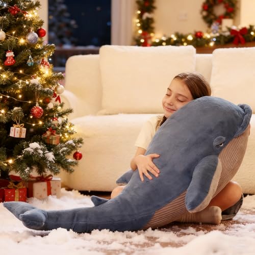 Image of Tezituor 43.3 inch Giant Whale Stuffed Animal, Large Realistic Blue Stuffed Whale Plush Ocean Toys Gift for Christmas Birthday, Hugging 4ft Soft Whale Plush Body Pillow for Girls Boys