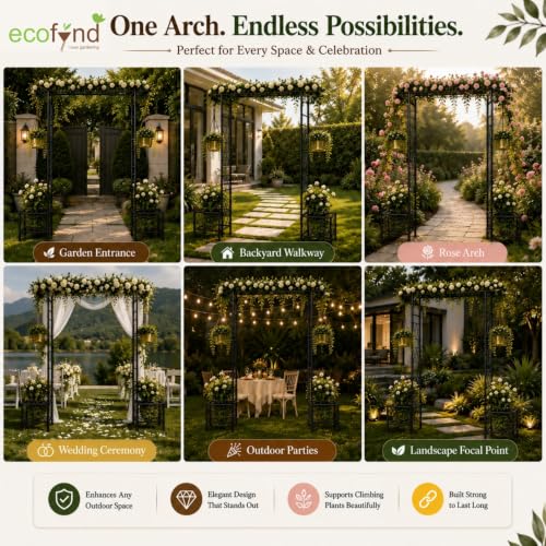 Image of ecofynd 8 Feet High x 5 Feet Wide Graden Arch Plant Stand, Metal Arbor Trellis for Climbing Plants, Backdrop Stand for Outdoor Indoor Wedding Lawn Backyard Party Decoration Items, Patio (GARCH002-BLK)
