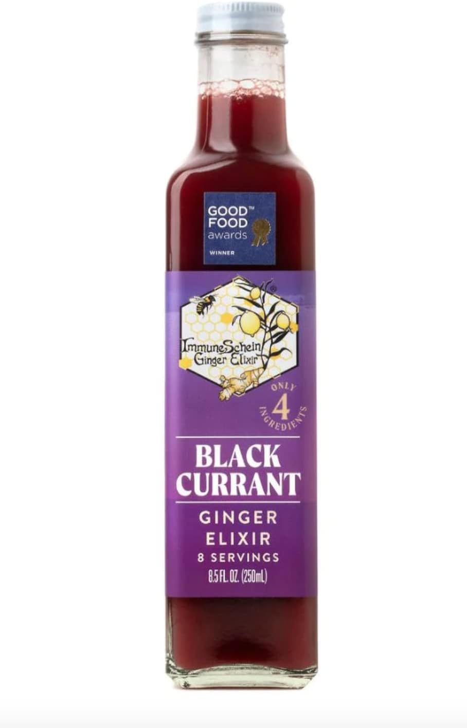 ImmuneSchein Black Currant Ginger Elixir Shots - Only 4 Real Food Ingredients, No Water, Vinegar or Preservatives: Handcrafted from Organic Ginger Roots & Black Currant (8.5 fl oz, 1 Pack)