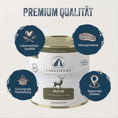 Lakefields Premium Hundefutter Nass | Wild pur 100% | 6 x 400g | Reines Muskelfleisch | Wildfleisch aus artgerechter Tierhaltung | Getreidefreies Nassfutter für Hunde | Regional & Naturbelassen