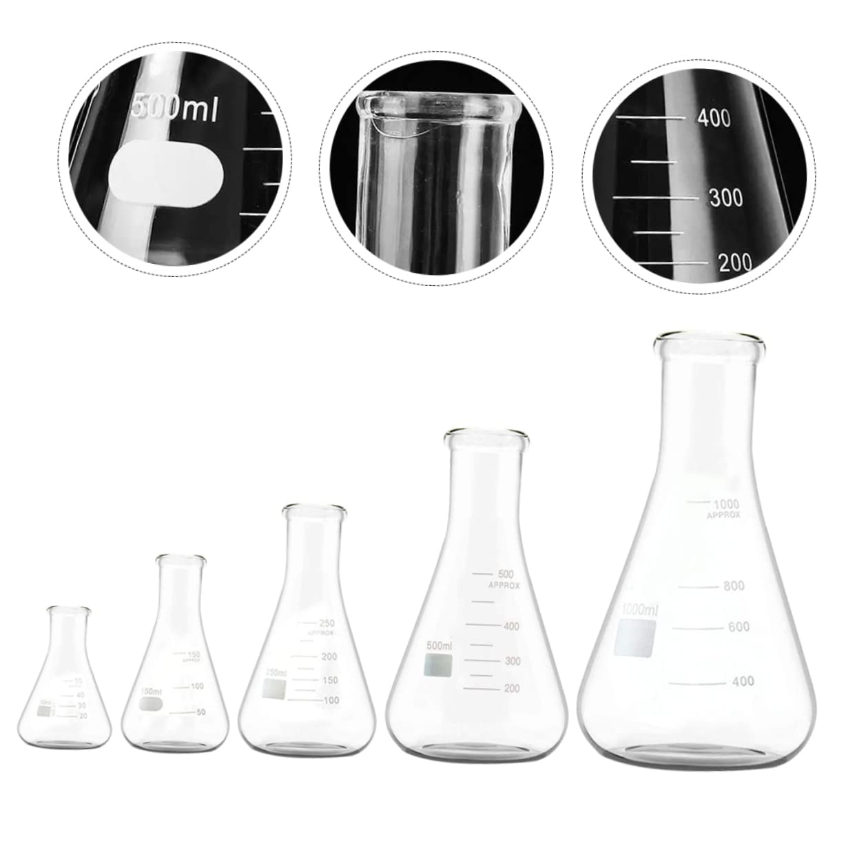 PLAFOPE Matraz Cónico de Vidrio Engrosado 5 Piezas para Laboratorio | Cuello Estrecho, Fondo Plano y Graduaciones Estándar, Área de Marcado Amplia, Capacidades 50ml a 1000ml