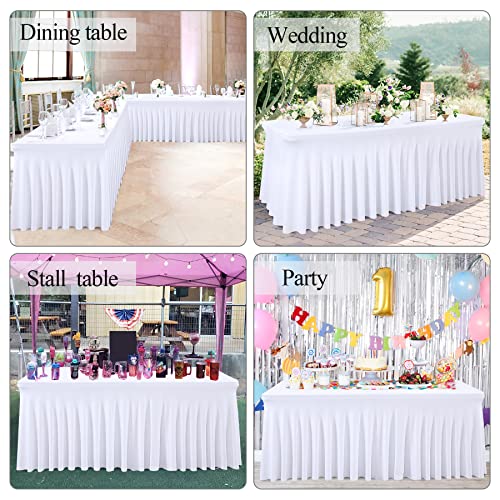 Image of Besutolife White Tablecloths for Rectangle Tables 8ft Spandex Table Skirt One-Piece Wrinkle-Resistant Ruffles Design for Banquets Parties Wedding Dining Table