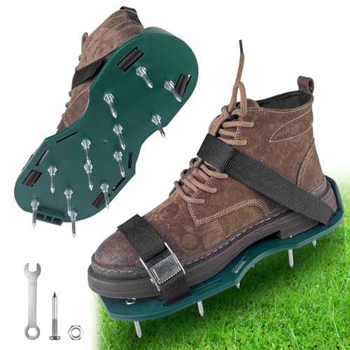Elsrantor Zapatos Aerador Escarificador de Cesped, Picos de Aireador de Césped, Suelas Escarificadoras Airea Zapato con 4 Correa de Hebilla de Metal Ajustable, para tu Césped, Jardín, Jardinería