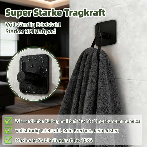 Handtuchhalter Ohne Bohren 8 Stück, Klebehaken Schwarz Matt aus Edelstahl Wasserdicht, Handtuchhaken Extra Starke Selbstklebend, Hohe Tragfähigkeit Robust und Langlebig für Badezimmer, Toilette, Küche