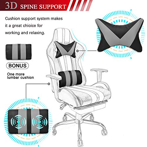 Massage Racing Chair for Gaming,PC Gaming Chair,Video Game Chair,Computer Chair, E-Sports Chair,Ergonomic Office Chair with Retractable Footrest and Adjustable Headrest and Lumbar Support(Cool Grey)