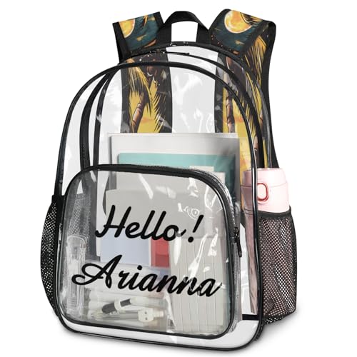 Beach Theme Personalized Large Clear Backpack Heavy Duty for Stadium Approved Custom Palm Trees PVC Transparent Backpack with Name See Through Bag for Concerts