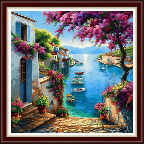 Image of Fanxvivy Stamped Cross Stitch Kits for Beginners Full Range of Cross Stitching Preprinted Embroidery Kits for Adults, 11CT Embroidery Pattern Needlepoint Kits-Seaside Scenery 18x18 inchs