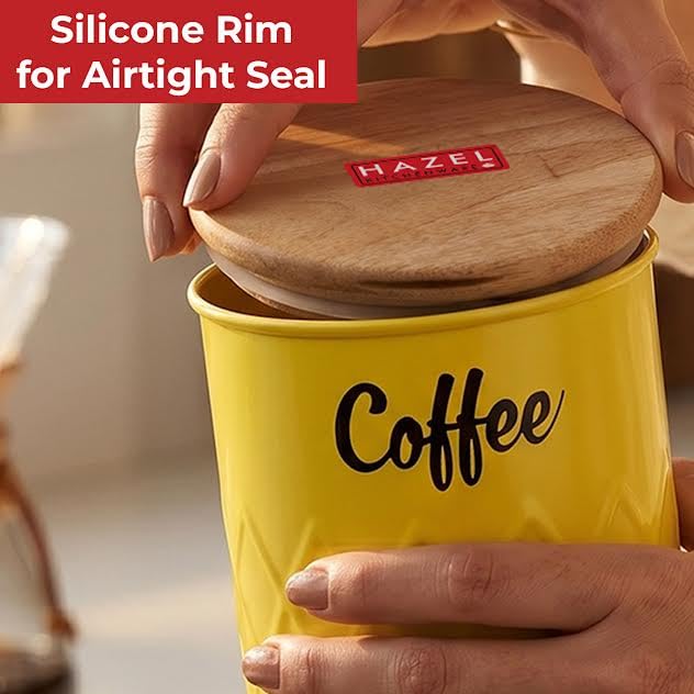 Image of HAZEL Coffee Storage Airtight Container with Wooden Lid Metal Coffee Jar 800ml