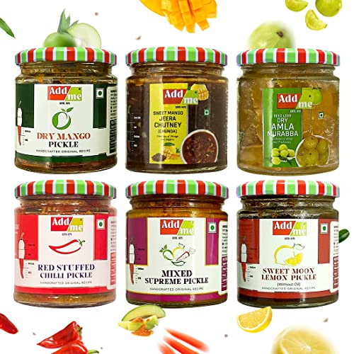 Add me combo pickle box gift pack 6 in 1 dry mango achar 300gm + mixed pickles 300grm + amla murabba 300 gm + sweet Lemon pickle 350gram + Lal mirchi ka achar 300 gm + sweet mango jeera chutney 350grm