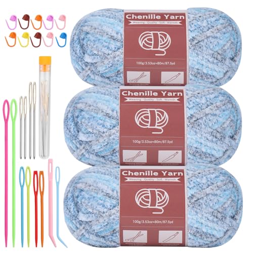 Image of LUNARM Chenille Yarn for Crochet Knitting Chunky Blanket Velvet Yarn | 3 Pack 3.5oz /100g 263 Yard Blue Gray Gradient Yarn for Beginners Knitting Scarves with Big Eye Needles Machine Washable