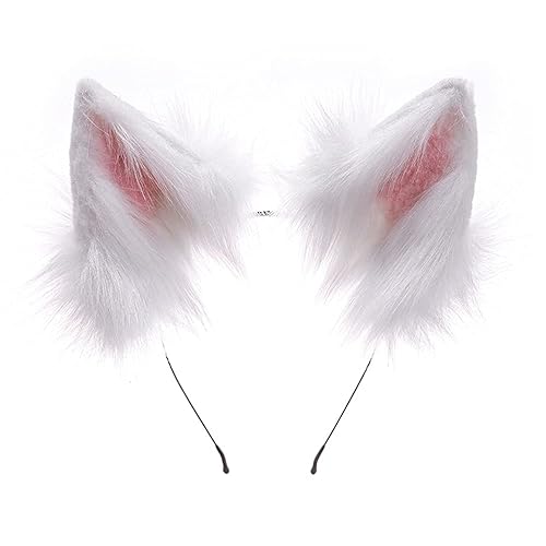 HAOAN Handmade Wolf Cat Fox Fur Furry Ears Headwear Party Cosplay Halloween Costume - 1-white