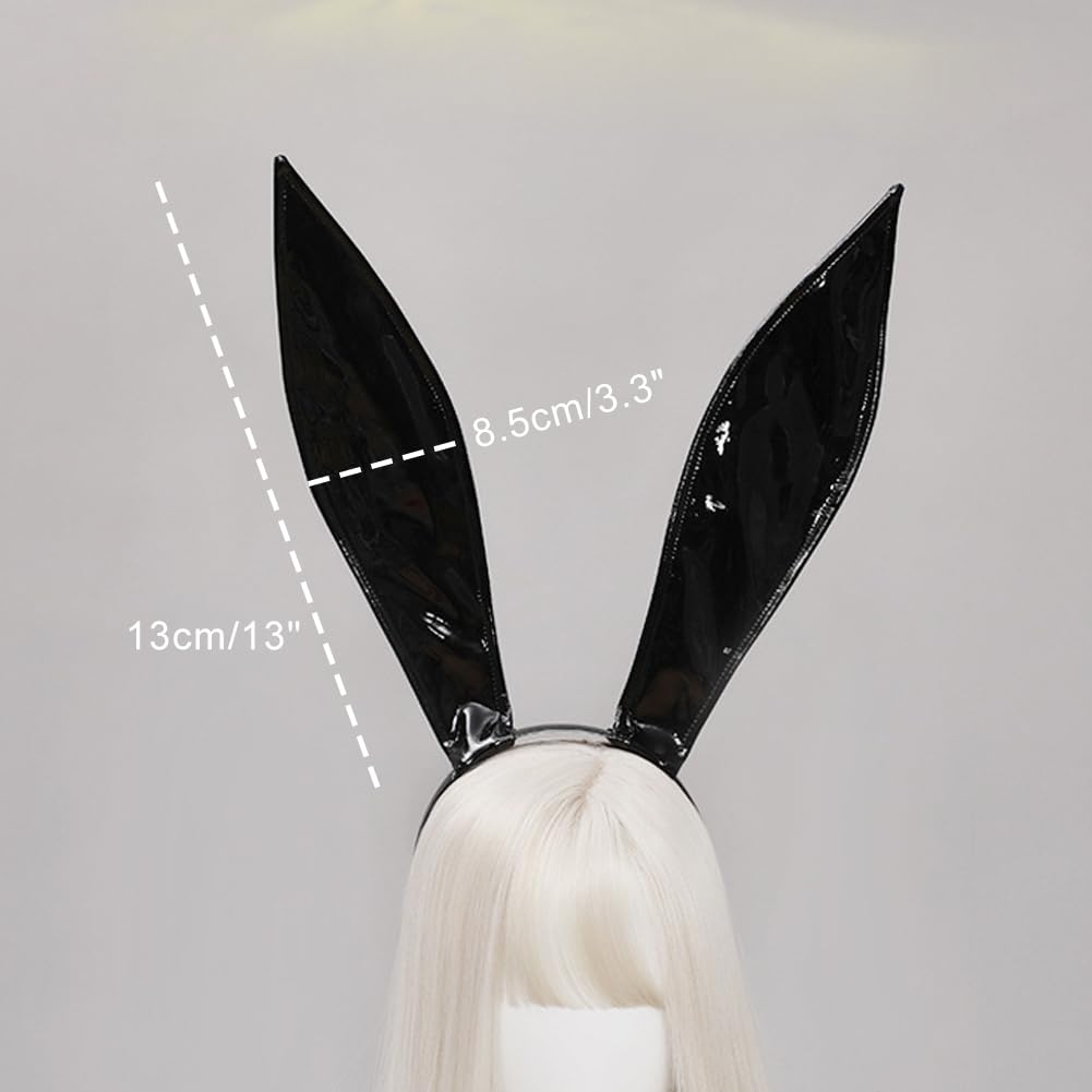ILUFAM Black Leather Bunny Ear Headband Bendable Rabbit Ears Cosplay Headwear Halloween Party Hair Hoop for Adult
