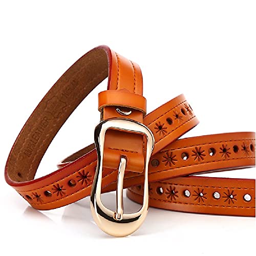Women's Leather Belt for Jeans Pants?Hollow Flower Pattern Belt for Ladies (Brown)