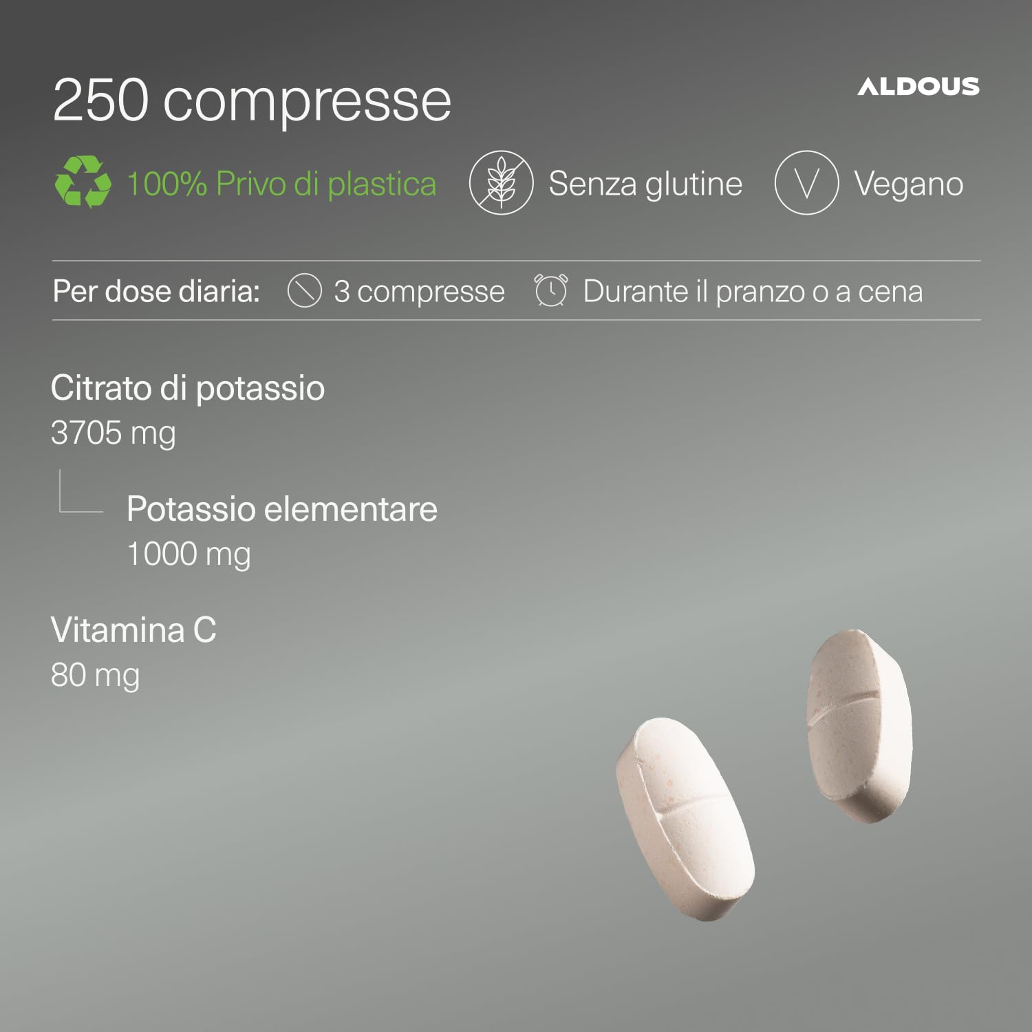 Potassio Citrato 3705 mg - 250 Compresse - 1000mg Potassio Elementare Alto Dosaggio - Potassio Integratore per Adulti - Muscoli, Stanchezza e Pressione Sanguigna, Sistema Nervoso - ALDOUS