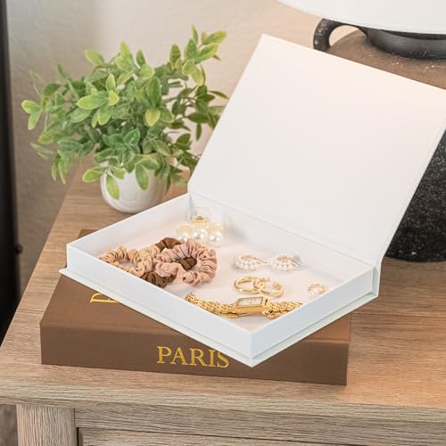 Image of Decorative Books with Storage (Dark Brown /Beige) - Set of 2 Faux Linen Book Boxes with Gold Stamped Covers - Enhance Your Coffee Table, Bookshelf - Hidden Storage for Photos, Keepsakes, and Jewelry