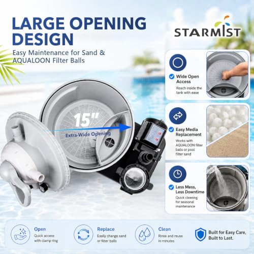 Image of STARMIST Sand Filter Pump for Above Ground Pool, 15 inch Large Opening Filter Tank with AQUALOON Filter Balls, Pool Pump and Filter Combo, Timer, Prefilter Basket, 7-Way Valve, Up to 10,000 Gallons