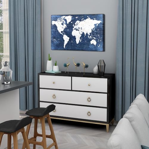 Image of World Map Canvas Wall Art Office Wall Decor Modern Vintage Maps Picture Prints for Living Room Bedroom Navy Blue Retro Map of the World Painting Poster Artwork Framed Home Decorations 16x24 inch Gifts