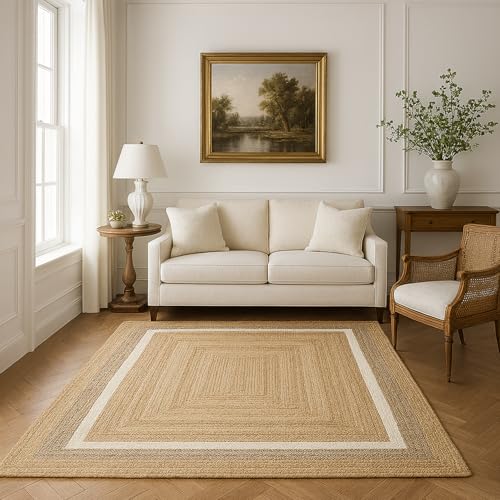 Image of voyzz home 8X10 Feet-Rectangular, Premium Natural Jute High Traffic Braided Area Rug, Stain Resistance, Handmade Rug for Entryways, Living Room,Dining Room, Bedroom,Farmhouse (Natural & Grey & Ivory)
