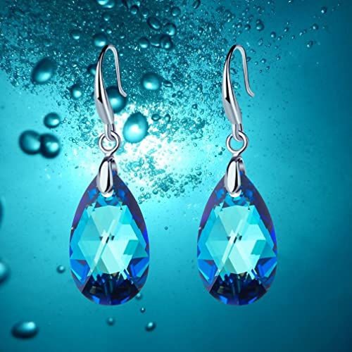 Austrian Crystal Teardrop Dangle Hook Earrings For Women 14K Gold Plated Hypoallergenic Jewelry (Bermuda Blue) #TOP4