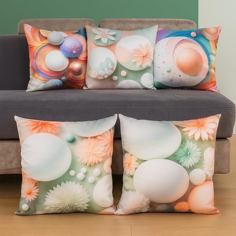 Image of Decorative Satin Sofa Cushion Covers Set of 5, 16 x 16 Inches, Multicolor Floral Printed Pillow Covers for Living Room, Bedroom, Couch & Sofa, Soft Glossy Fabric, Zipper Closure