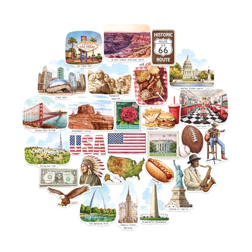 Navy Peony Autocollants de voyage emblématiques des États-Unis (28 pièces) – Illustrés à la main, Thème américain, Décorations pour journaux, albums,...