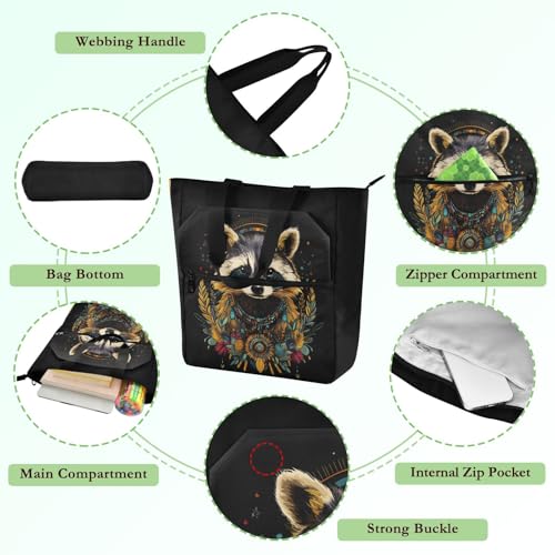 Raccoon Boho Tote Bag for Book Lovers Reusable Bags with Zipper Pocket for School Work Shopping3
