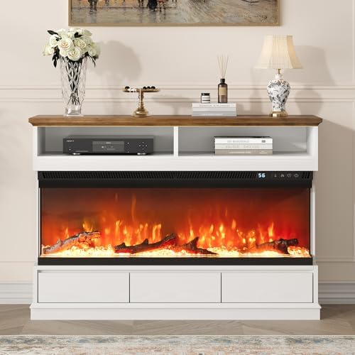 4 EVER WINNER Fireplace TV Stand with 50" Electric Fireplace, Fireplace Entertainment Center with 3-Side Glass Insert, 3 Drawers, TV Stands for Living Room, White - Thumbnail 4
