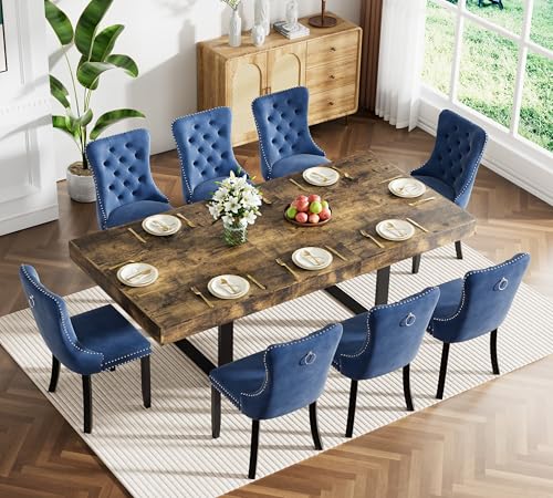 Image of Rustic Brown Dining Room Table Set for 8, 9-Piece 63 inch-78.74 inch Extendable Dining Table Set with 8 Upholstered Chairs, Rectangle Wooden Expanding Kitchen Table and Blue Chairs Set