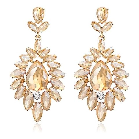 Tuliper Bridal Crystal Statement Dangle Earrings for Bride, Vintage Art Deco Gatsby Teardrop Rhinestone Drop Chandelier Earrings for Women Brown Gold-Tone Cover
