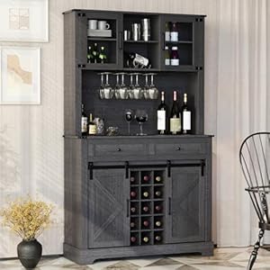 ARTPOWER Wine Bar Cabinet with Sliding Barn Door 72 Hutch Cabinet with WineGlasses Rack Tall Farmhouse Kitchen Pantry Buffet Cabinet with Drawers for Dining Room Gray