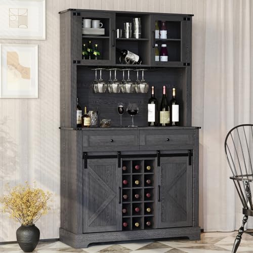 ARTPOWER Wine Bar Cabinet with Sliding Barn Door 72 Hutch Cabinet with WineGlasses Rack Tall Farmhouse Kitchen Pantry Buffet Cabinet with Drawers for Dining Room Gray