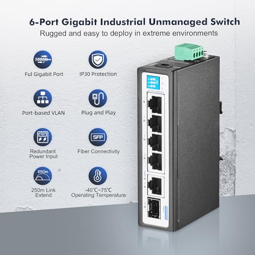 Image of 6 Port Mini Gigabit Industrial DIN-Rail Switch, 4 x 100 /1000Mbps Ports,1 Gigabit Uplink and 1 Gigabit SFP, Din Rail & Wall Mount Included, Unmanaged IP30 (-40~185F) Hardened YuLinca Industrial Switch