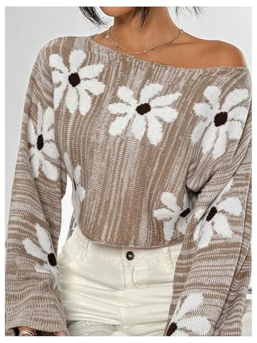 Women's Floral Crop Sweaters Y2k Long Sleeve Boat Neck Knit Tops Pullovers4