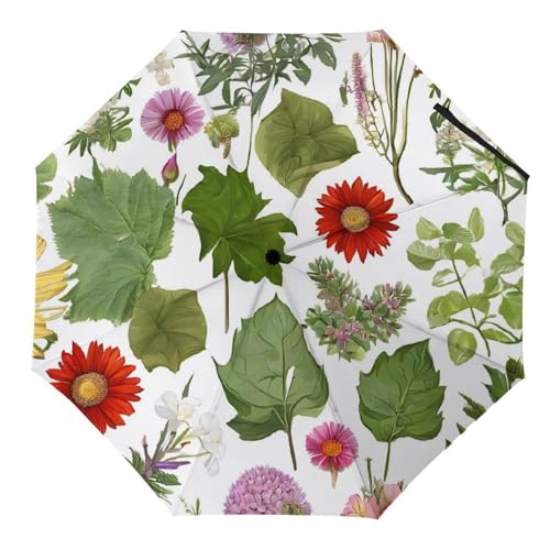 Tropical Flower Leaf Parrot Print 3 Fold Auto Umbrella Waterproof And Wind-Resistant, Ideal Gift for Travel And Outdoor Activities