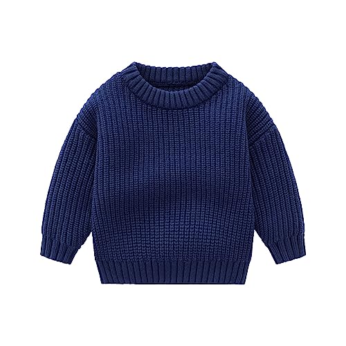 Toddler Boys Girls Knitted Sweater Solid Color Pullover Round Neck Long Sleeve Warm Fashion (Dark Blue, 2-3 Years)