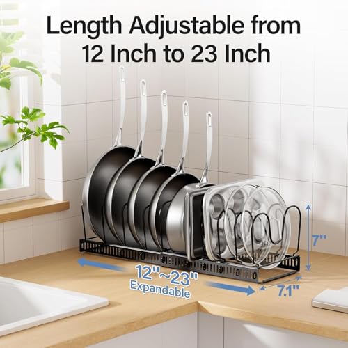 Image of 10-Tier Expandable Pot and Pan Organizer Rack - Adjustable Heavy-Duty Metal Kitchen Cabinet Holder for Pots, Lids, Skillets & Bakeware